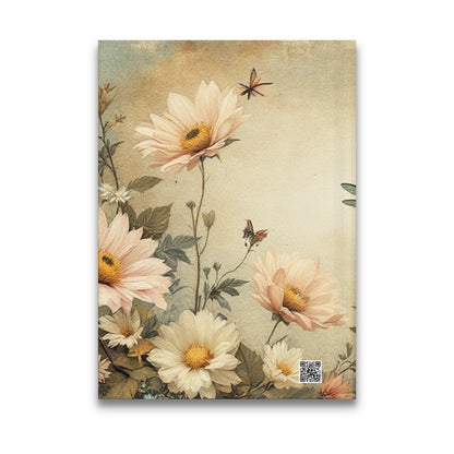 Back cover of Dragonfly Floral Journal featuring oversized dahlias, butterflies and botanical garden artwork.