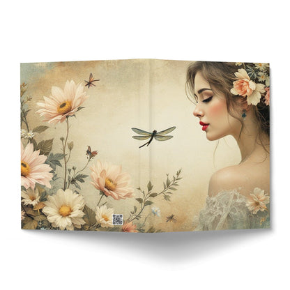 Front and back covers of Dragonfly Floral Journal with portrait artwork, dragonfly motif and floral details.