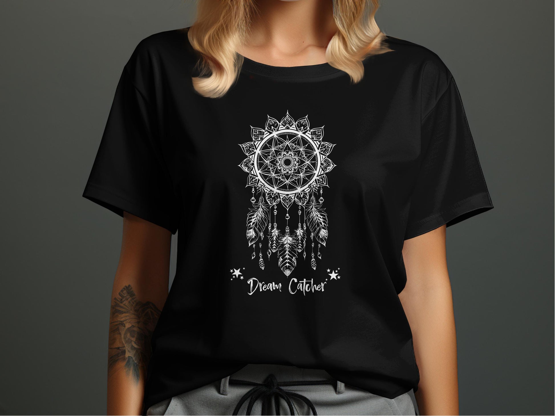 Black Dream Catcher T-Shirt with high-contrast monochrome linework displaying detailed lace-like web patterns.
