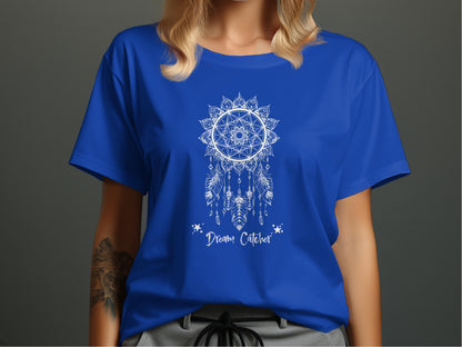 Royal Blue Dream Catcher T-Shirt featuring a balanced white mandala composition with delicate star accent layouts.