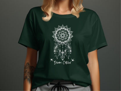 Forest Green Dream Catcher T-Shirt featuring ornate petal-style framing and finely drawn quill texturing.