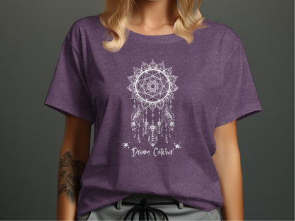 Heather Purple Dream Catcher T-Shirt displaying an artistic fine-line graphic with layered geometric details.