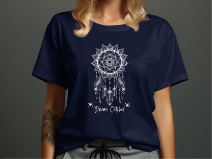 Navy Dream Catcher T-Shirt showcasing an elaborate geometric circular hoop graphic with intricate beadwork.