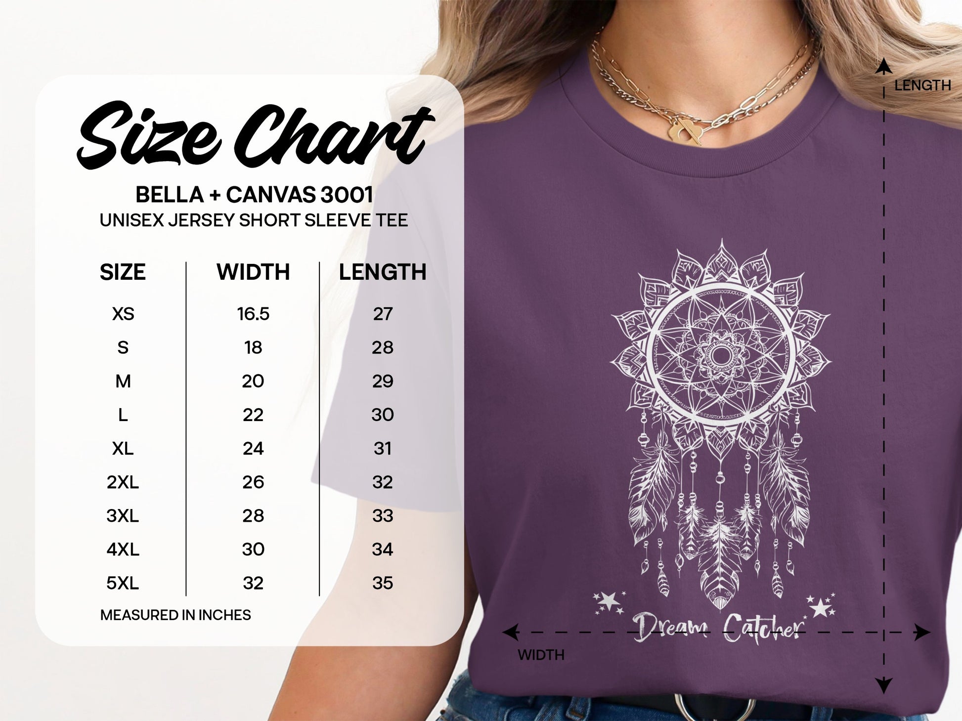 Dream Catcher T-Shirt size chart showing unisex chest width and body length measurements from Small to 3XL.