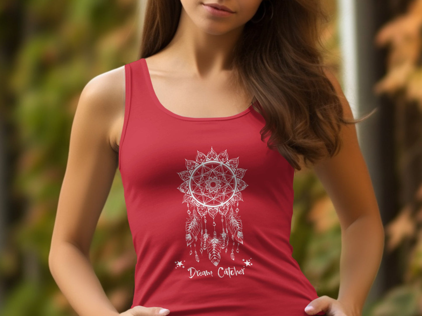 Red Dream Catcher Tank Top, sleeveless and scoop neck, a perfect match for free-spirited individuals.