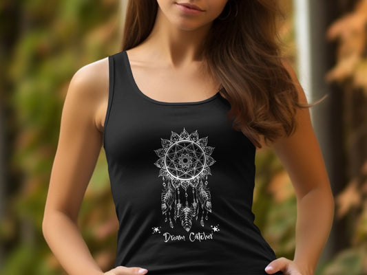 Black Dream Catcher Tank Top, sleeveless scoop neck, perfect for a laid-back vibe and spiritual style.