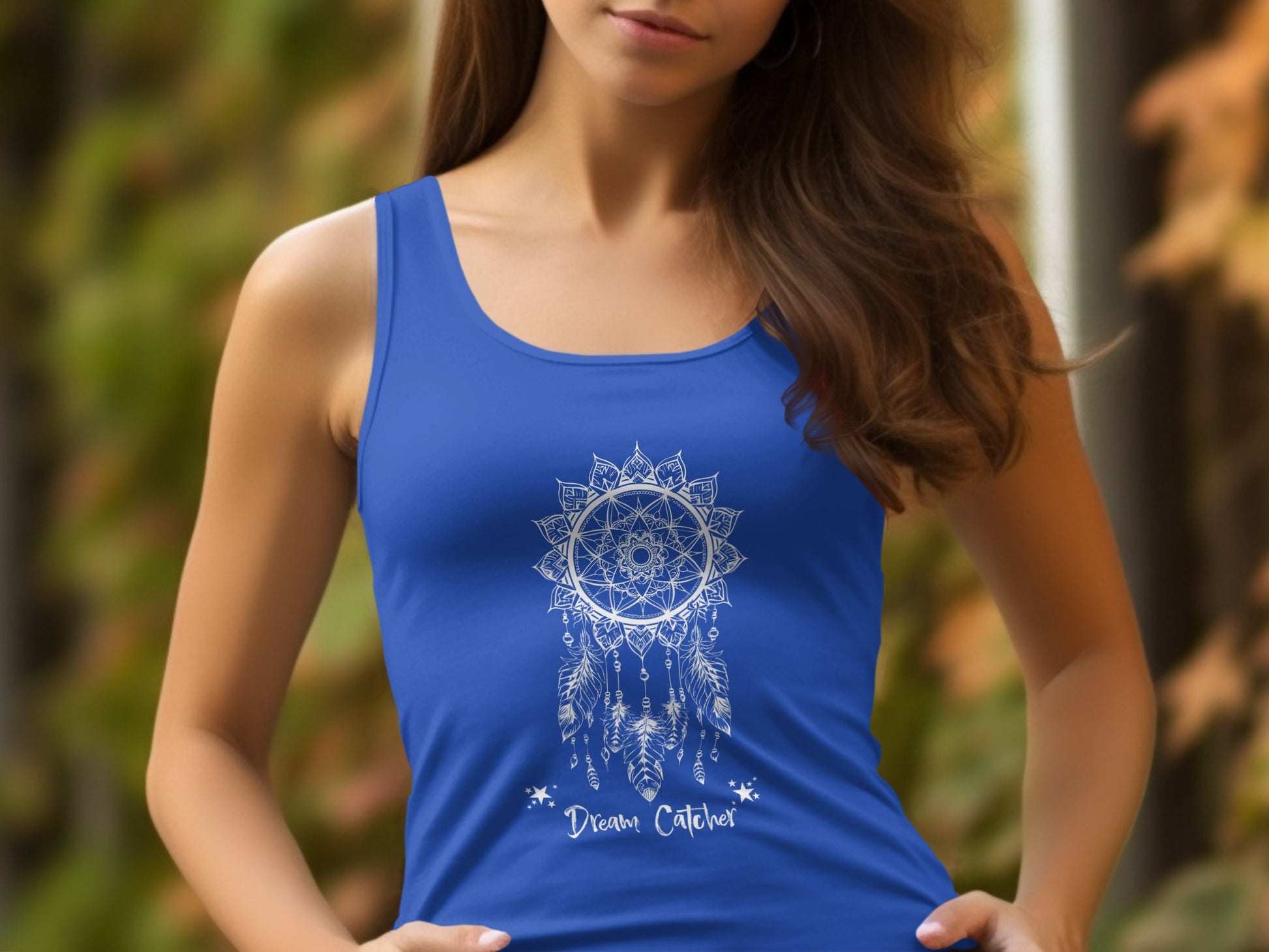 True Royal Blue Dream Catcher Tank Top, sleeveless scoop neck design for a boho-chic look.