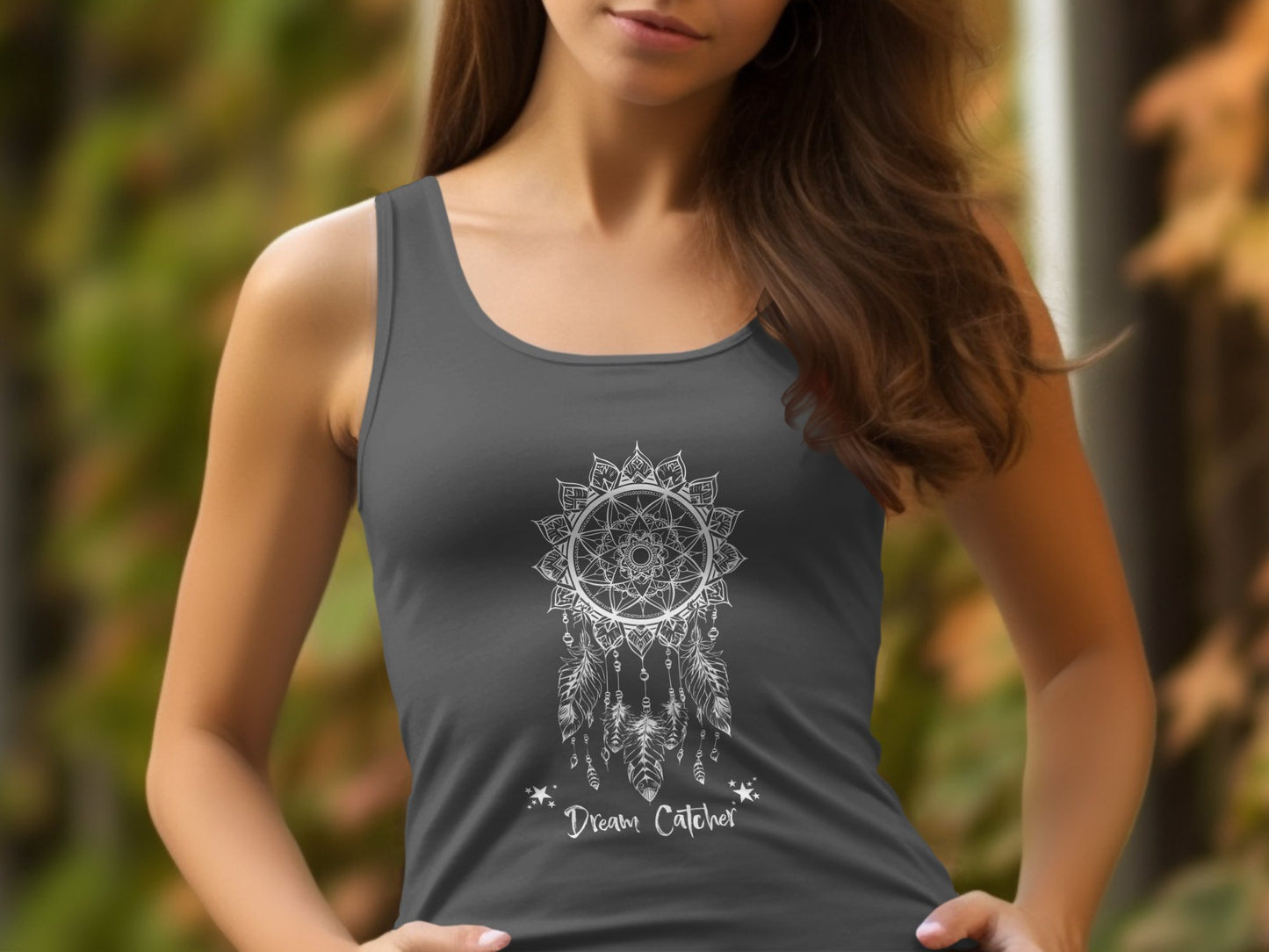 Charcoal Dream Catcher Tank Top, sleeveless scoop neck, perfect for casual days with a boho spirit.