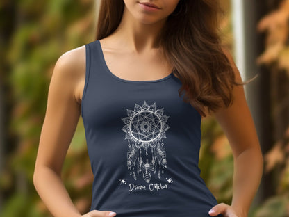Navy Dream Catcher Tank Top with a sleeveless design and scoop neck, adding a touch of bohemian charm.