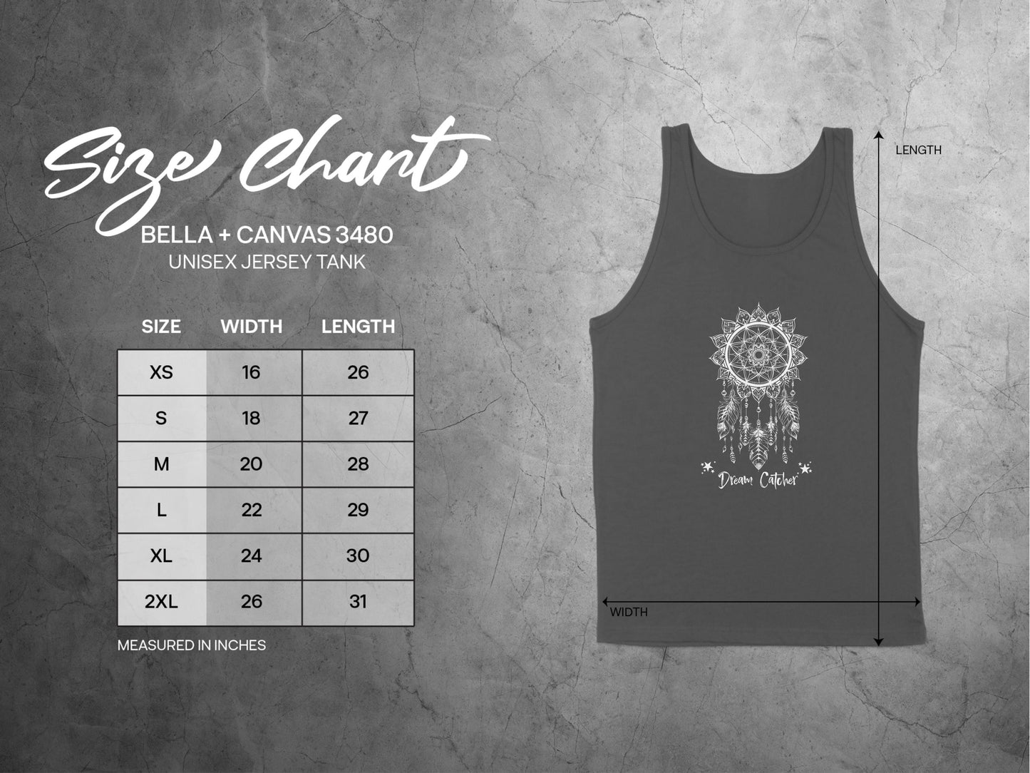 Dream Catcher Tank Top size chart, from small to 2XL, ensuring the best fit for your boho style.