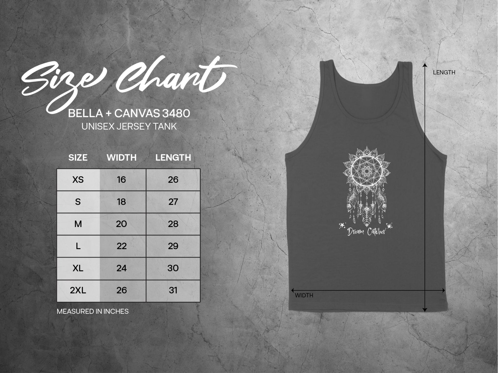 Dream Catcher Tank Top size chart, from small to 2XL, ensuring the best fit for your boho style.