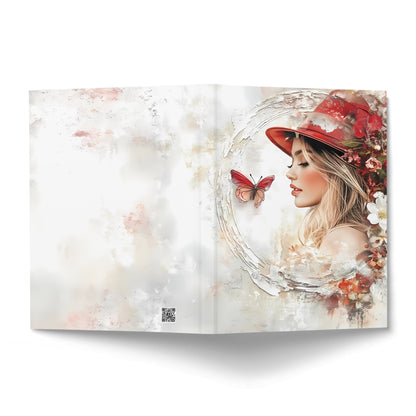 Front and back covers of Dreamy Woman Butterfly Journal with portrait artwork, red florals and butterfly details.