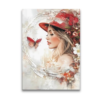 Dreamy Woman Butterfly Journal with fair-haired woman, red butterfly, crimson florals and circular painterly frame.