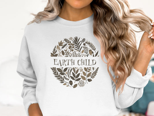 Earth Child Sweatshirt with nature-inspired graphic, unisex relaxed fit, cotton blend, soft interior for cozy eco style.