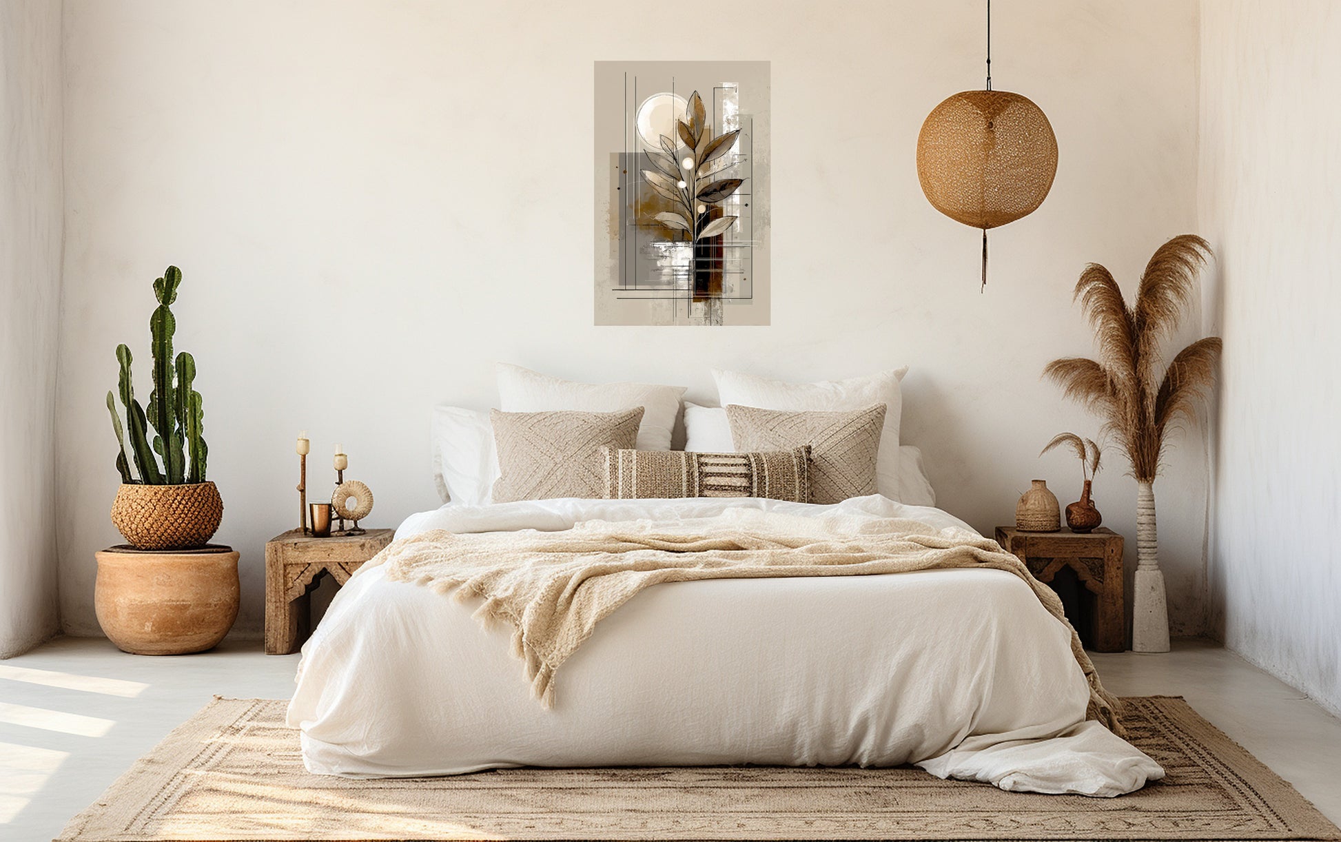 Earth-Inspired Abstract Leaves Art Poster displayed above a bed in a warm, modern bedroom.