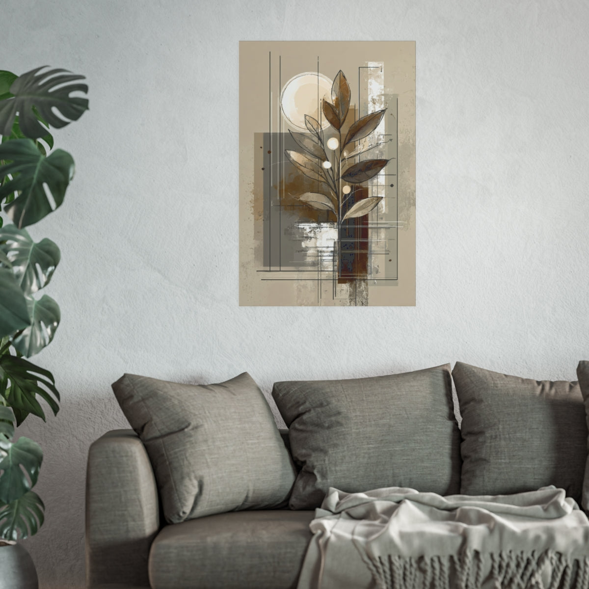 Earth-Inspired Abstract Leaves Art Poster in 24×36 inch size displaying layered foliage and luminous circle motifs above a grey couch.
