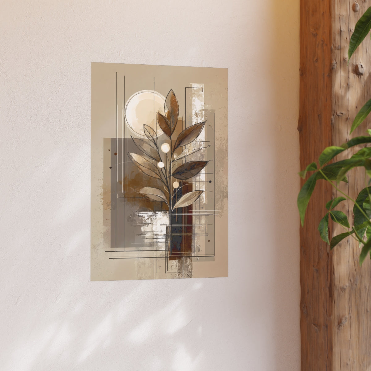 Earth-Inspired Abstract Leaves Art Poster in a lifestyle scene with soft natural lighting.