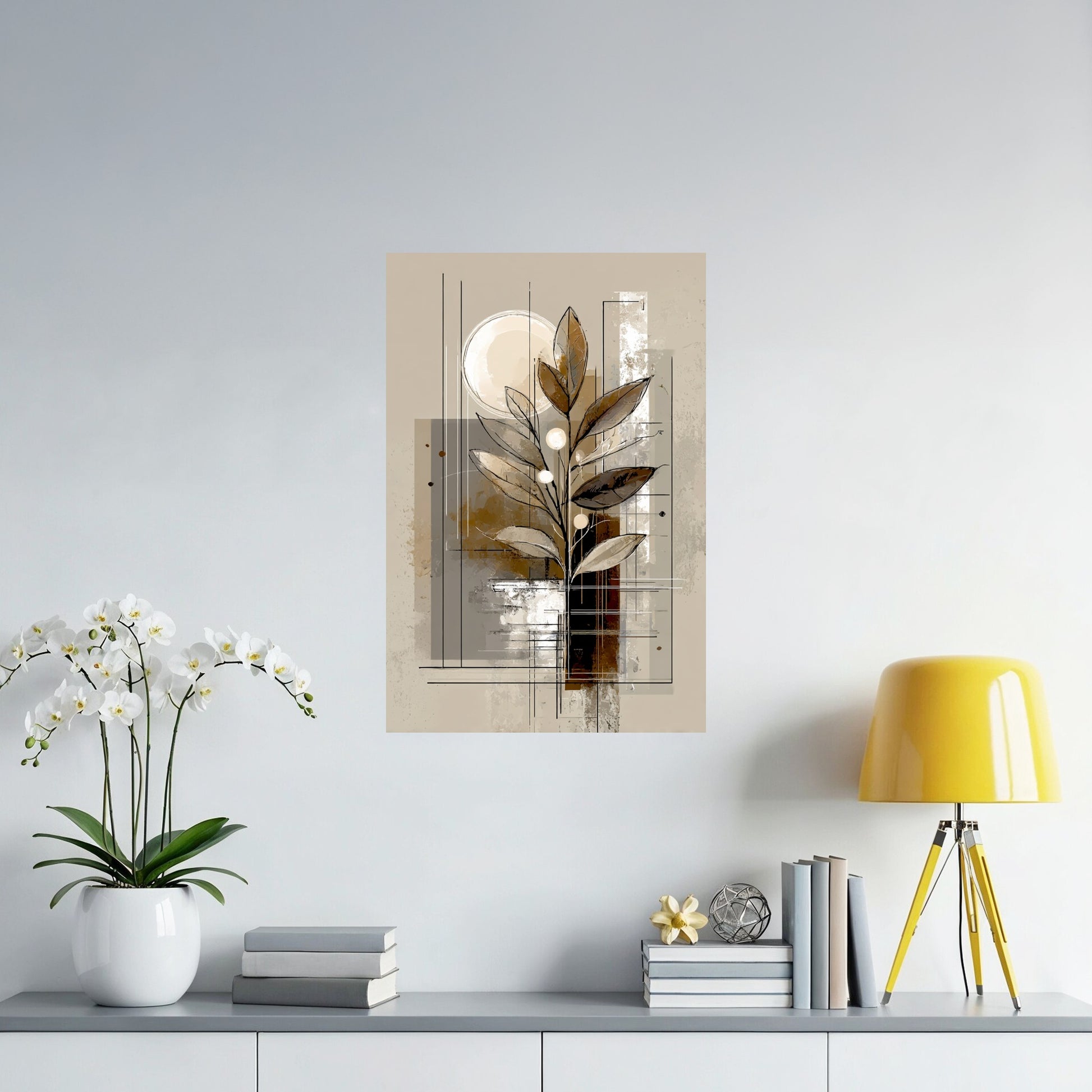 Earth-Inspired Abstract Leaves Art Poster placed above a contemporary sideboard with earth-toned styling.