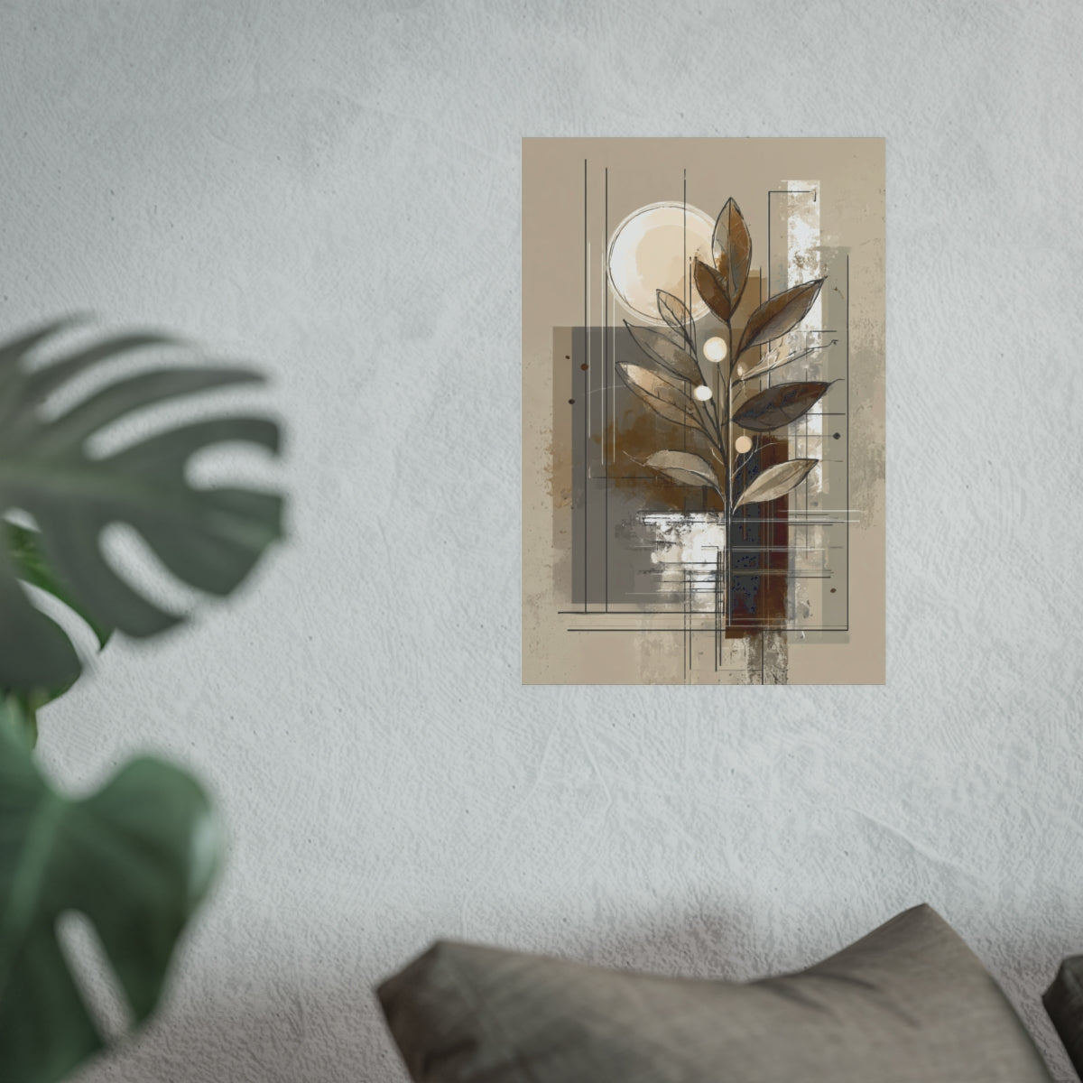 Earth-Inspired Abstract Leaves Art Poster in 12x18 inch size styled above a couch with neutral layered textures.