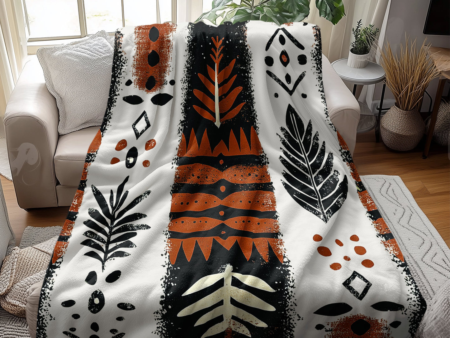 Earth Rituals Arctic Fleece Blanket draped over a couch, bringing earthy tones and softness.