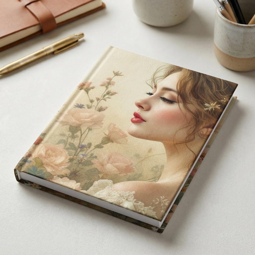 Elegant hardcover journal featuring vintage romantic floral portrait artwork styled on a white desk.