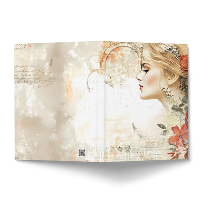 Front and back covers of Elegant Floral Vintage Journal featuring portrait artwork, coral florals and vintage-inspired details.