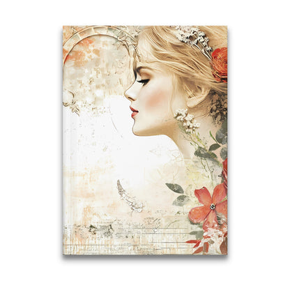 Elegant Floral Vintage Journal with fair-haired woman, coral roses, floral crown and vintage collage artwork.