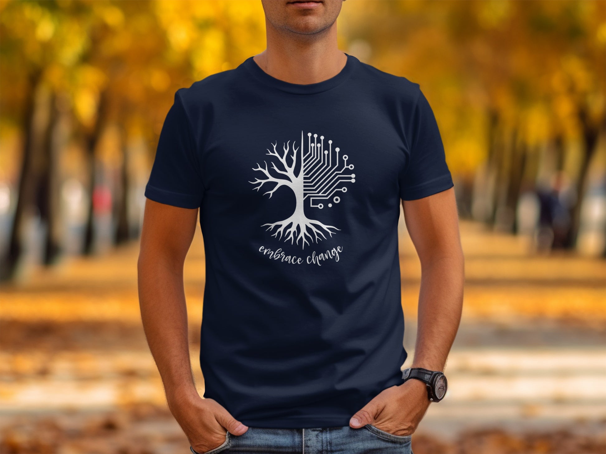 Navy Embrace the Change Tee featuring motivational quote, comfortable lightweight cotton, unisex cut, and clean modern appeal.
