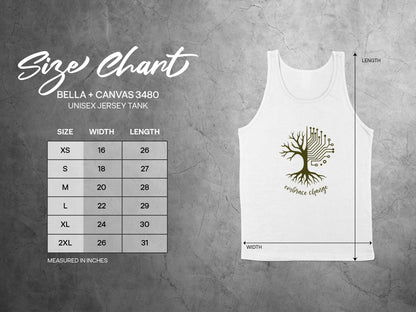 Unisex size chart for Embrace Change Tank Top with chest width and length measurements for accurate fit guide.