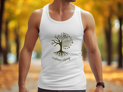 White Embrace Change Tank Top with black motivational print, airy sleeveless design, and scoop neckline.
