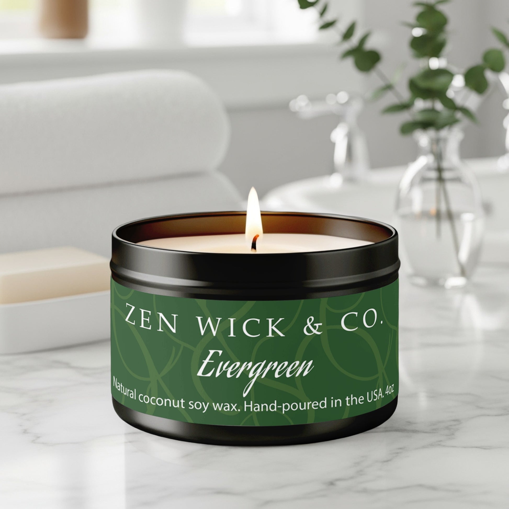 Evergreen scented tin candle 4oz burning on table with soft glow creating a fresh forest-inspired ambiance.