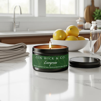 Evergreen scented tin candle 4oz placed on kitchen countertop bringing subtle citrus and fir aromas to the room.