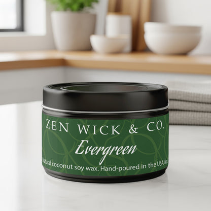 Evergreen scented tin candle 8oz with lid on featuring a reusable tin container perfect for storage or decor use.