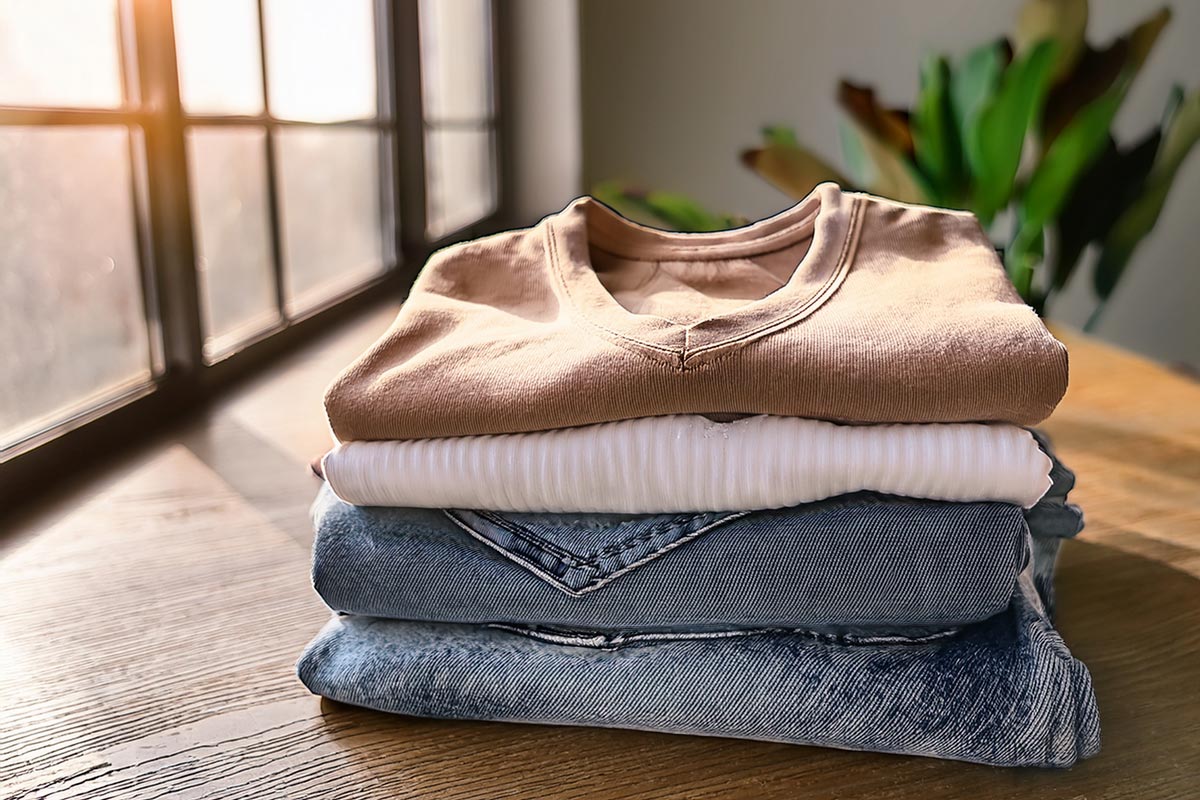 Folded stack of blush and white t-shirts and light-wash denim jeans styled on wooden surface in warm light.