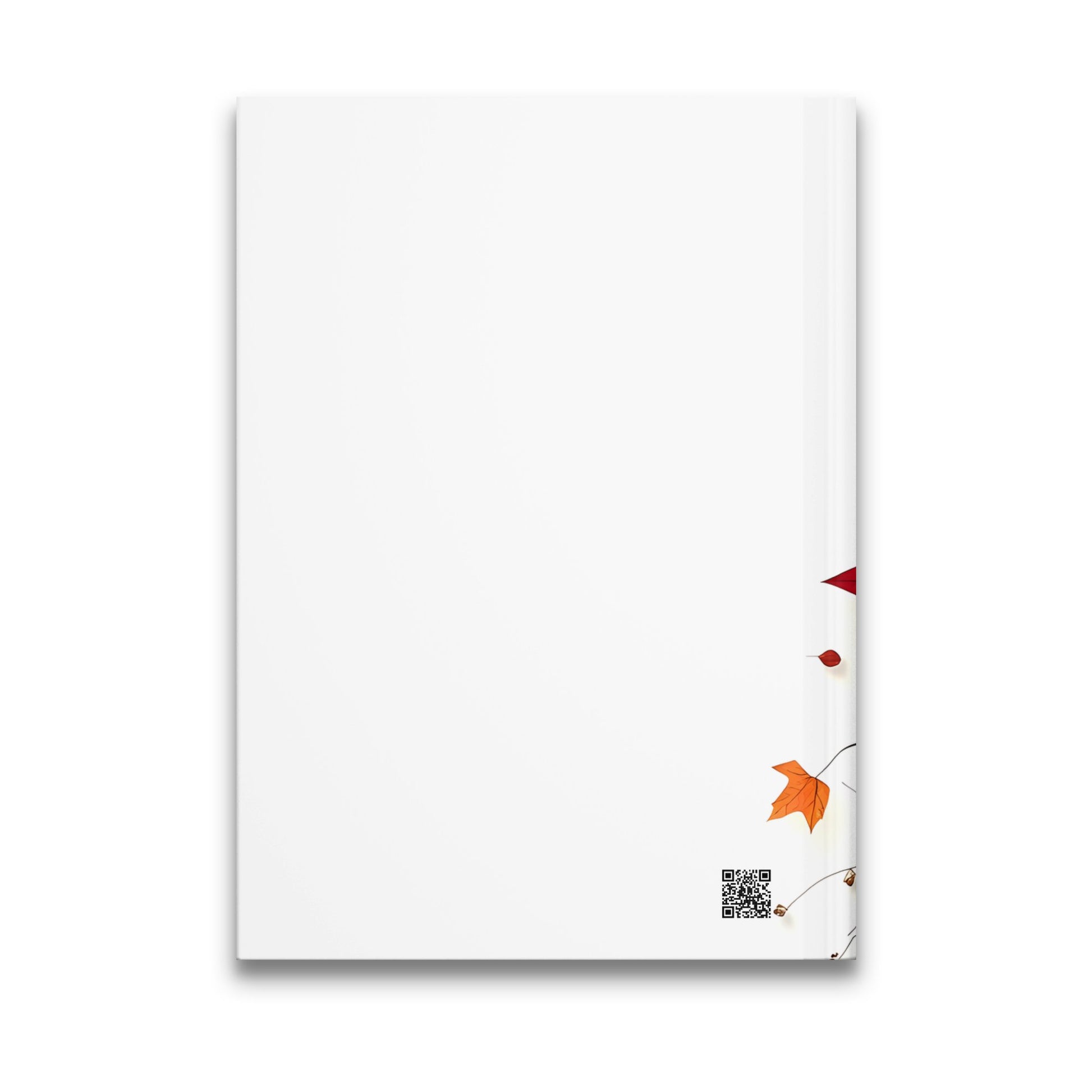 Back cover of Fall Theme Journal featuring crisp white background with autumn leaf arrangement with dried seed stems on right.