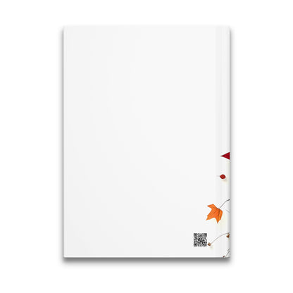 Back cover of Fall Theme Journal featuring crisp white background with autumn leaf arrangement with dried seed stems on right.