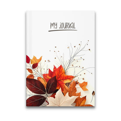 Fall Theme Journal with maple, oak and beech leaves in crimson, amber and burnt orange on a crisp white hardcover.