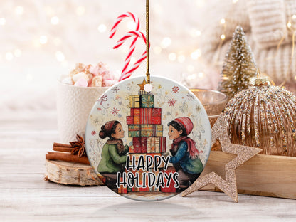 Round holiday ornament showcasing children exchanging gifts with festive snowflakes and floral decorations.