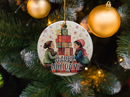 Ceramic Christmas ornament with watercolour children, wrapped presents, and cheerful Happy Holidays lettering.