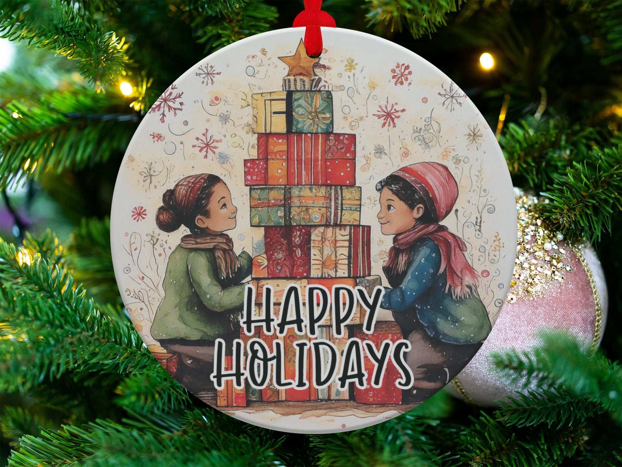 Festive ornament featuring a towering gift stack, winter-clothed children, and nostalgic holiday artwork.