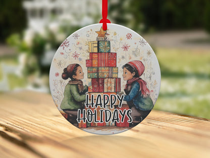 Christmas tree ornament with children, colourful presents, decorative snowflakes, and seasonal floral accents.