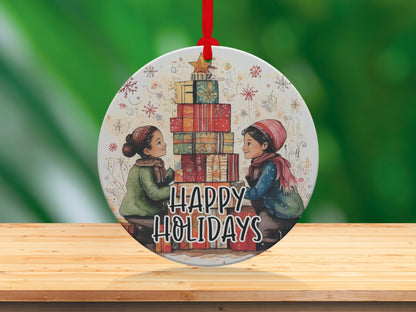 Holiday keepsake ornament featuring gift-giving scene, cosy winter clothing, and Happy Holidays message.
