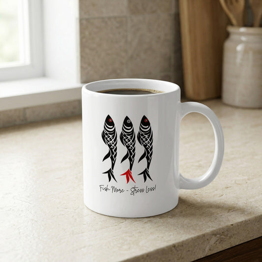 11oz ceramic Fish More Stress Less Mug with three black folk-art fish and intricate geometric detailing.