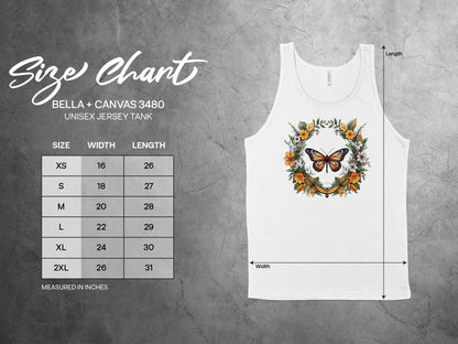 Floral Butterfly Tank Top size chart, available in small to 2XL, designed for a perfect fit with a fun floral design.