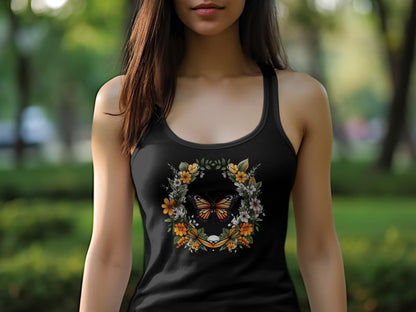 Floral Butterfly Tank Top featuring a vibrant floral butterflies print, scoop neck, & sleeveless design for a stylish look.