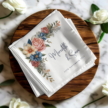 Custom floral wedding napkins, perfect for elegant and stylish wedding table settings.