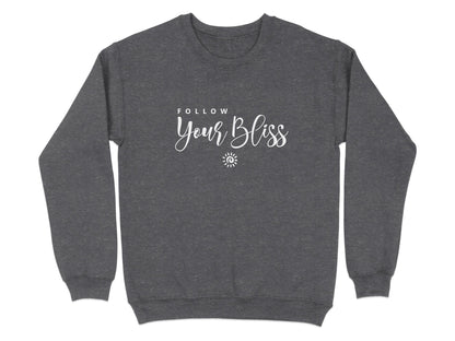 Dark heather grey Follow Your Bliss sweatshirt with centred typographic quote design and white spiral sun graphic detail.