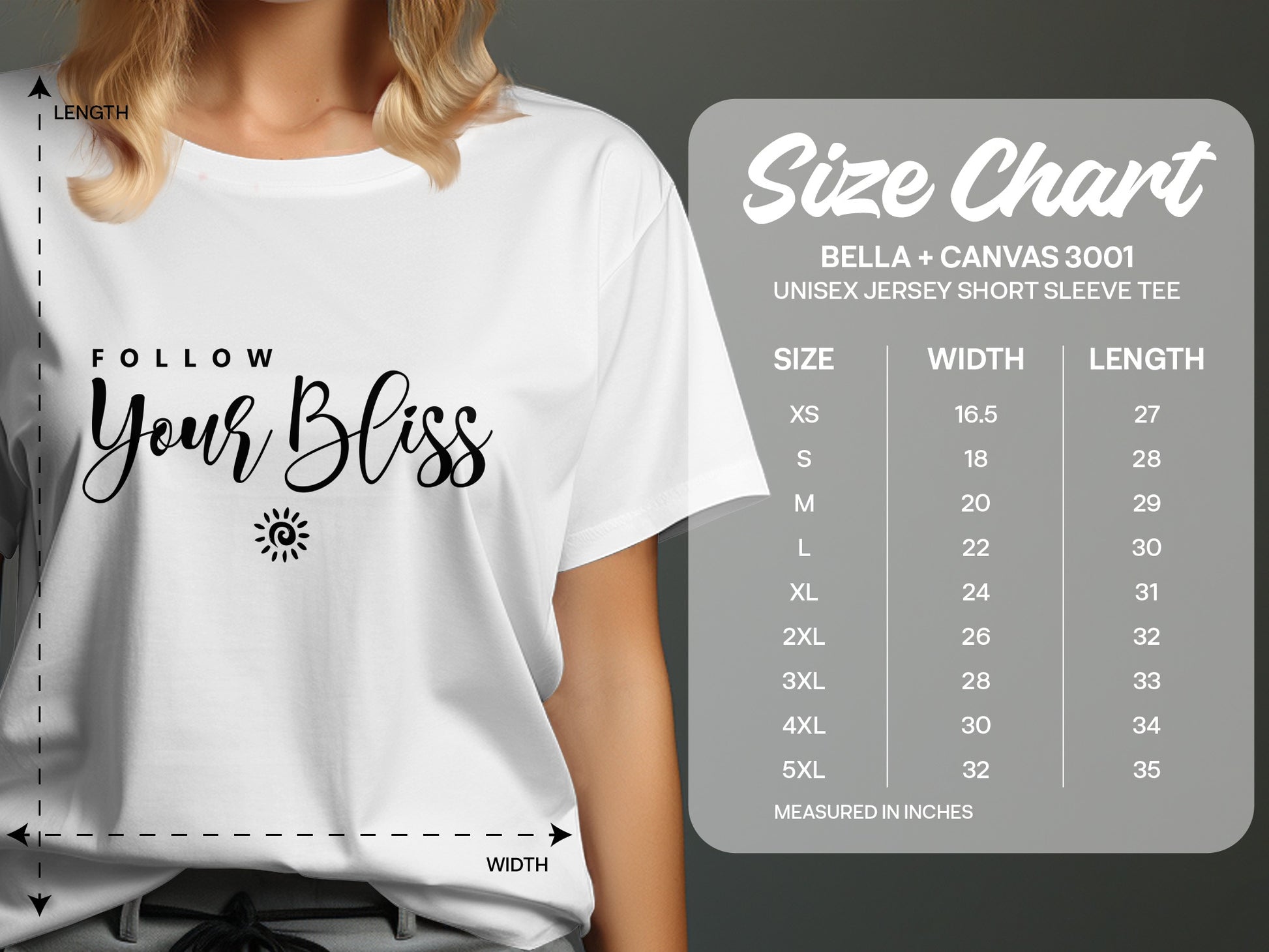 Follow Your Bliss T-Shirt size chart available in sizes S to 3XL for a perfect fit.