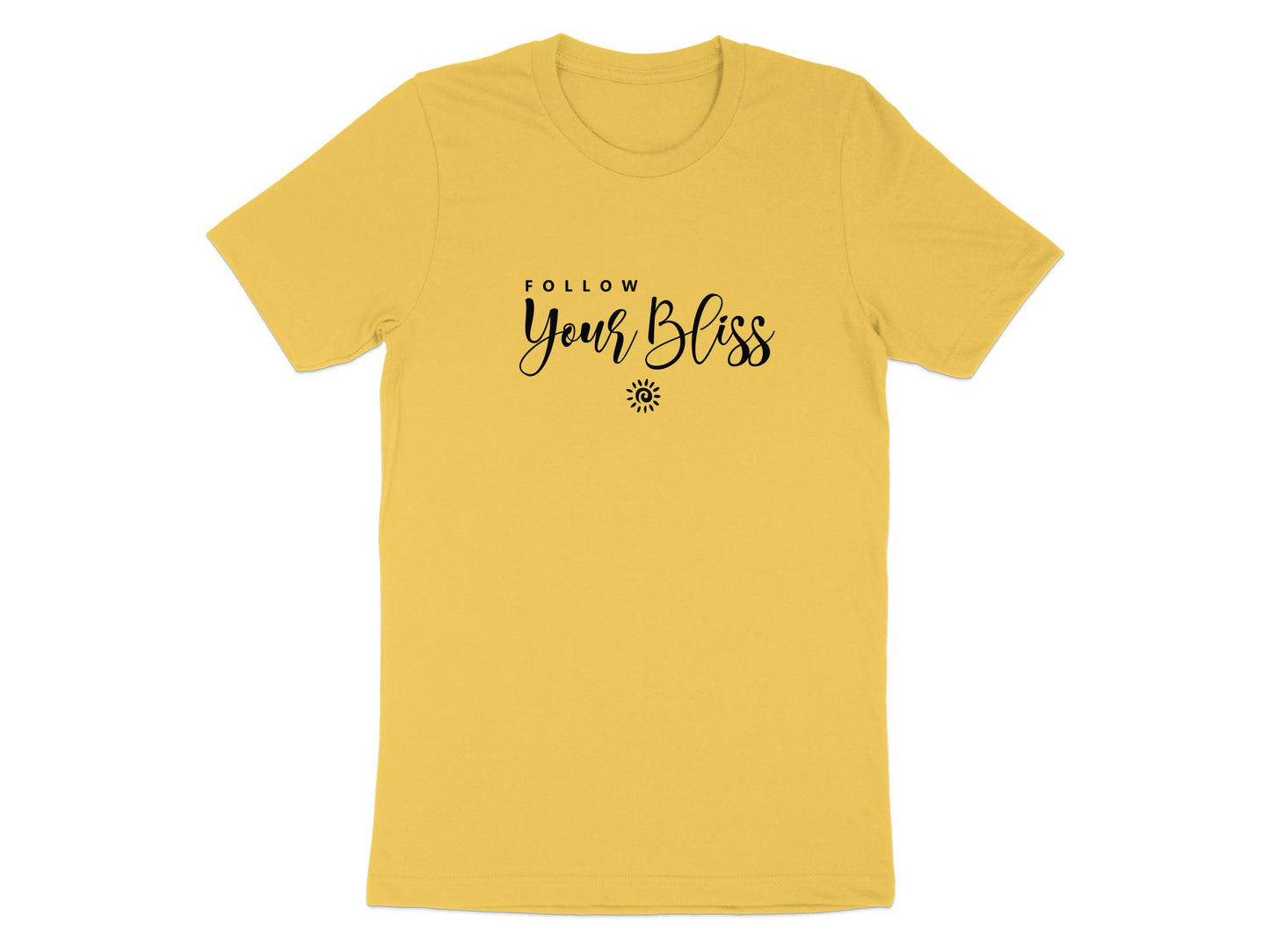 Follow Your Bliss T-Shirt in yellow – vibrant cotton crew neck, perfect for spreading positivity