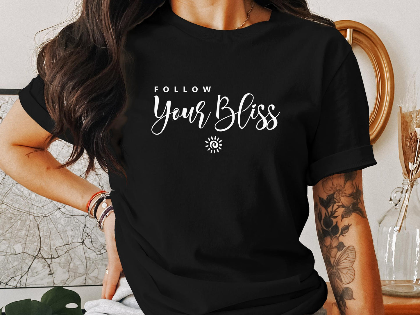 Black Follow Your Bliss T-Shirt – soft, pre-shrunk cotton crew neck for a comfortable and inspiring look